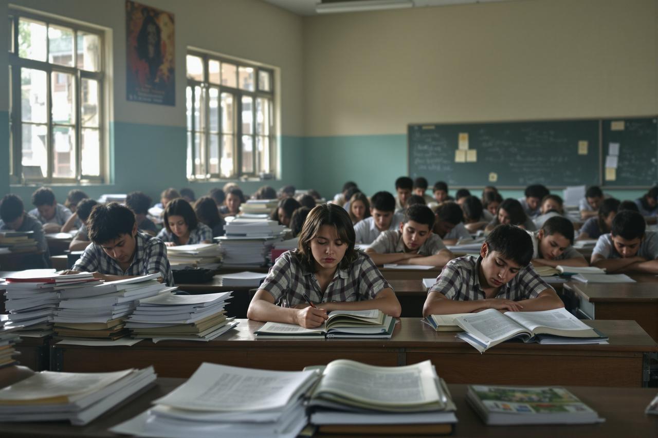 重点高中暑期补习班被举报违规办学,校内"内卷文化"引发教育界大讨论 暑期补课的高中教室,学生疲惫地在书堆中学习的场景